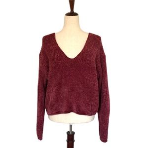 Urban Outfitters Women’s V-Neck Chenille Cropped Sweater, Maroon Size Small